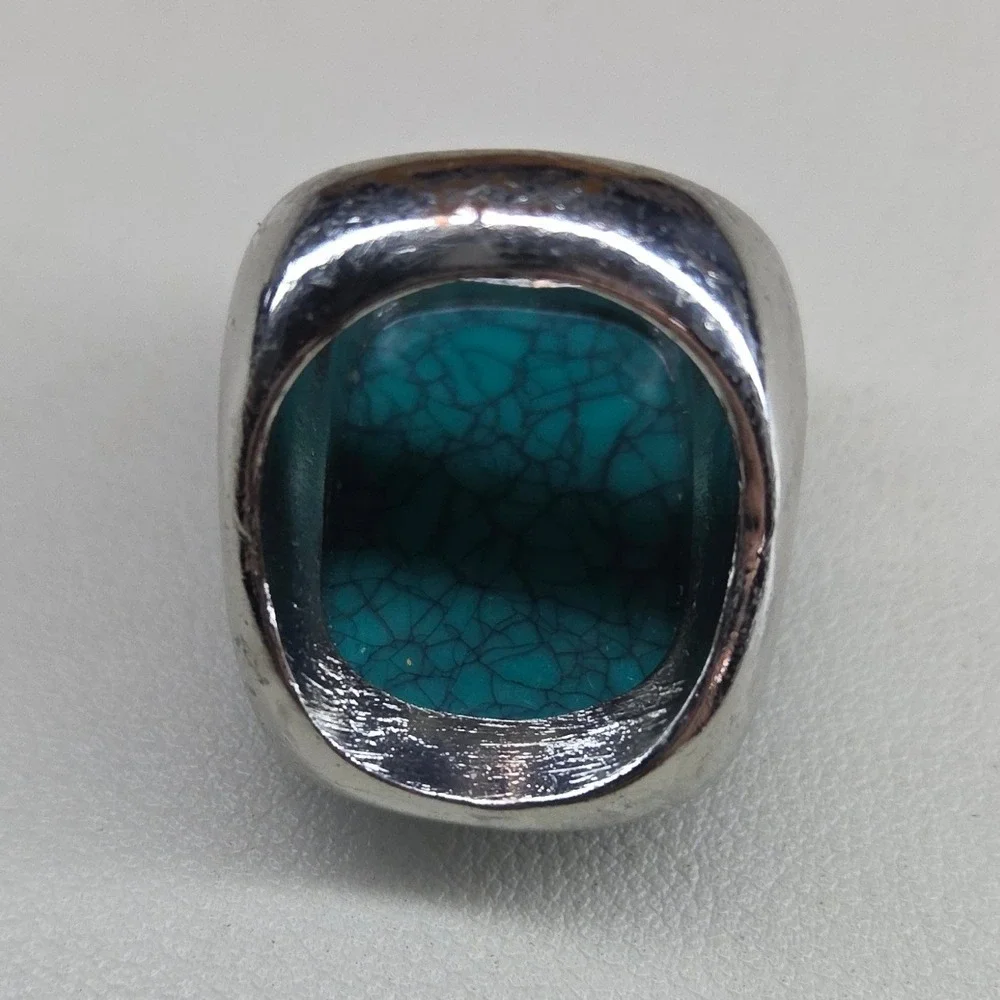 Boho Statement Ring Faux Turquoise Silver Tone Chunky Band Southwestern Size 8.5